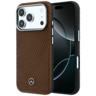 Mercedes Leather Semi Wrap Wood Effect MagSafe Case for iPhone 17 Pro Max - Brown