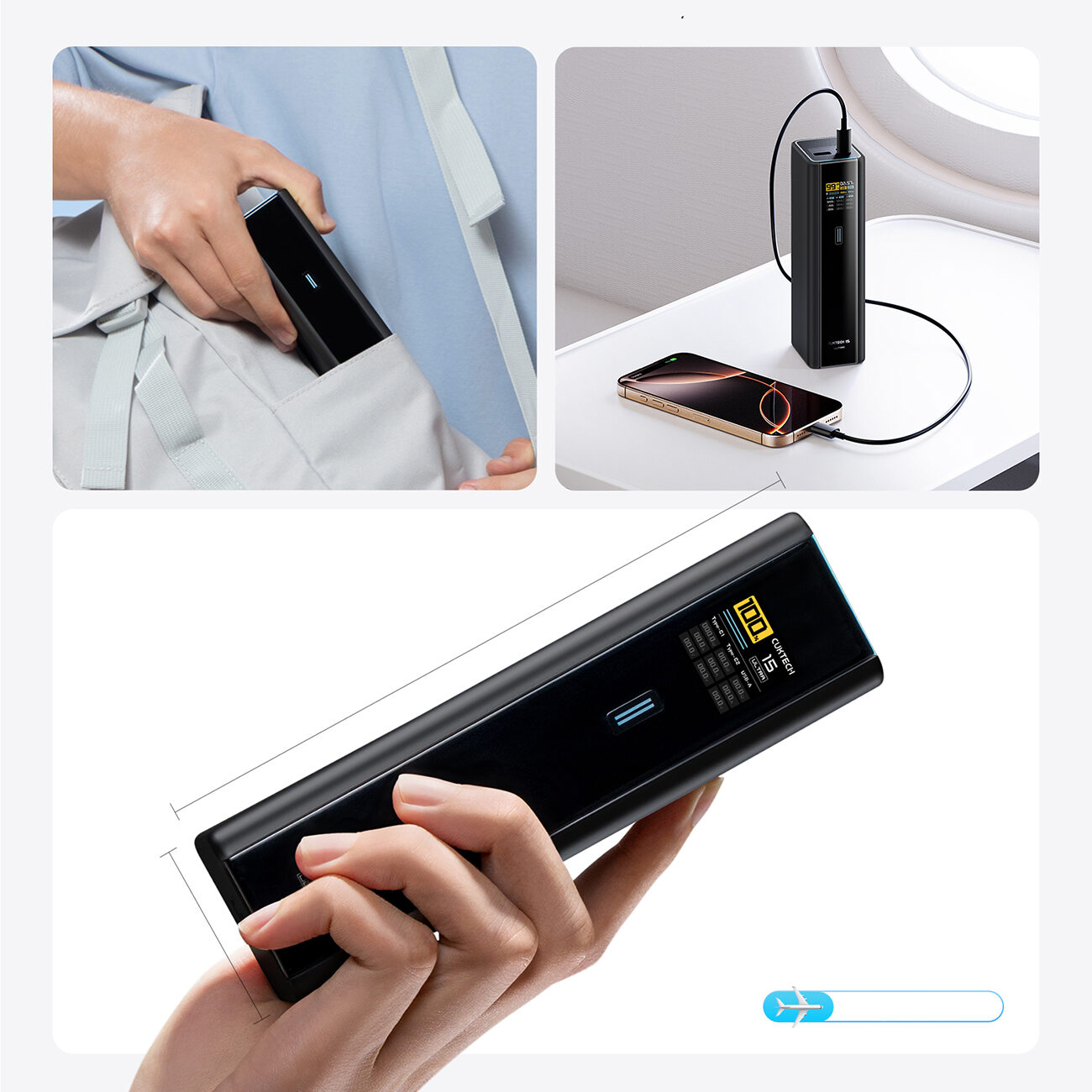 Cuktech PB200U Powerbank 210W 20000mAh 2x USB-C + USB-A with TFT display and 240W USB-C cable - black - imagine 7