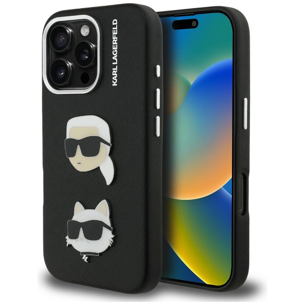 Karl Lagerfeld FW Grained Karl & Choupette Heads Pins Case for iPhone 16 Pro - Black