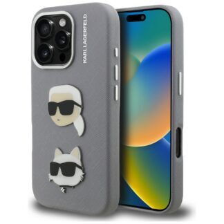 Karl Lagerfeld FW Grained Karl & Choupette Heads Pins Case for iPhone 16 Pro Max - Gray