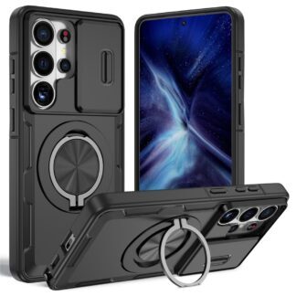 Case na Samsung Galaxy S26 Ultra z przesuwaną osłoną aparatu i obrotową podstawką kompatybilne z MagSafe - black