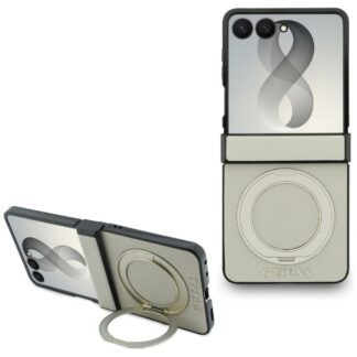 Guess Magnetic Ring Stand Grained Classic Logo MagSafe case for Samsung Galaxy Z Flip 8 - beige