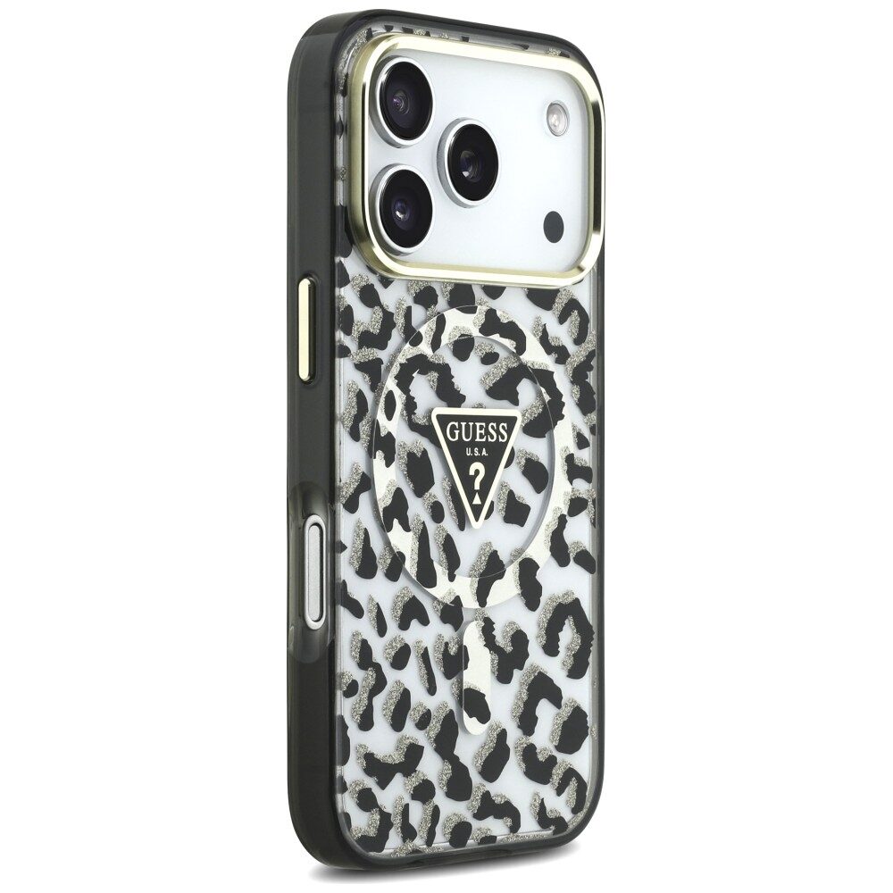Guess IML Leopard Glitter Triangle Logo MagSafe Case for iPhone 17 Pro / 18 Pro - Black - imagine 4