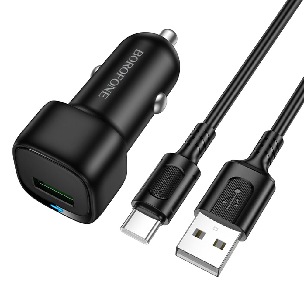 R06 Borofone - Car Charger Cloud (BZ34) - USB-A/C Cable Included, Single Port USB-A, 18W (QC/FCP/AFC), ABS, for DC 12-24V - Black