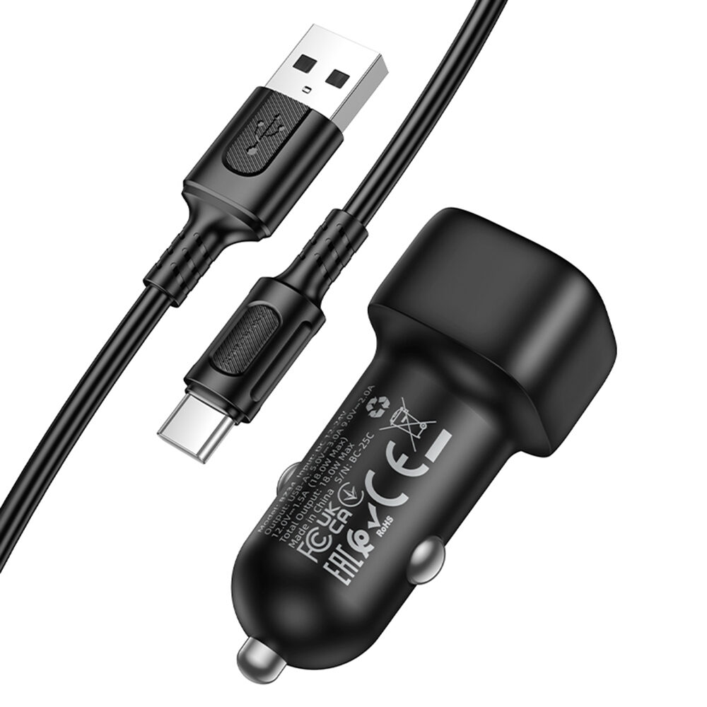 R06 Borofone - Car Charger Cloud (BZ34) - USB-A/C Cable Included, Single Port USB-A, 18W (QC/FCP/AFC), ABS, for DC 12-24V - Black - imagine 4