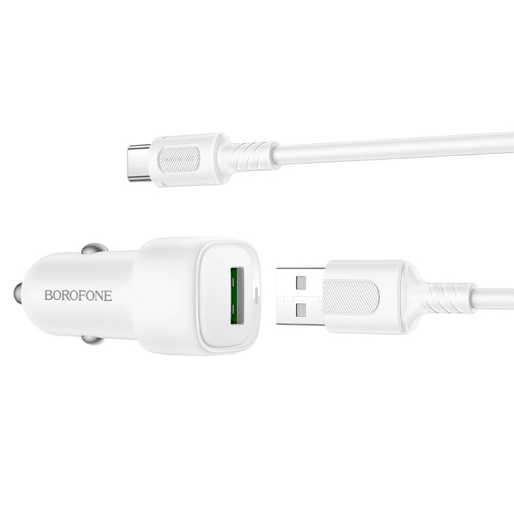 R06 Borofone - Car Charger Cloud (BZ34) - USB-A/C Cable Included, Single Port USB-A, 18W (QC/FCP/AFC), ABS, for DC 12-24V - White - imagine 2