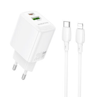 R06 Borofone - Wall Charger Fuente (BN27) - USB-C to Lightning Cable, USB + USB-C, PD20W, QC3.0, GaN Technology - White