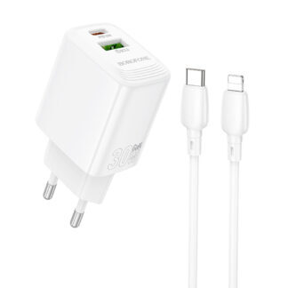 R06 Borofone - Wall Charger Fuente (BN29) - Type-C to Lightning Cable Included, USB + Type-C, PD30W, QC3.0, GaN Technology - White