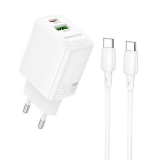 R06 Borofone - Wall Charger Fuente (BN29) - Type-C Cable Included, USB + Type-C, PD30W, QC3.0, GaN Technology - White