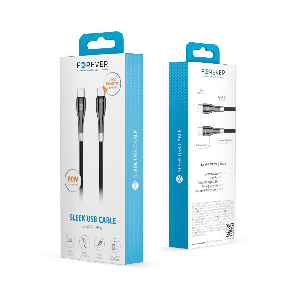 Forever Sleek cable USB-C - USB-C 2,0 m 60W black - imagine 8