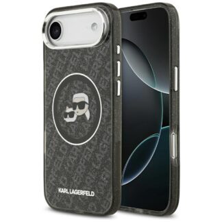 Karl Lagerfeld case MagSafe IML glitter case metal camera frame and buttons Karl and Choupette heads on KL repeated logo for iPhone 17 Air PUrple