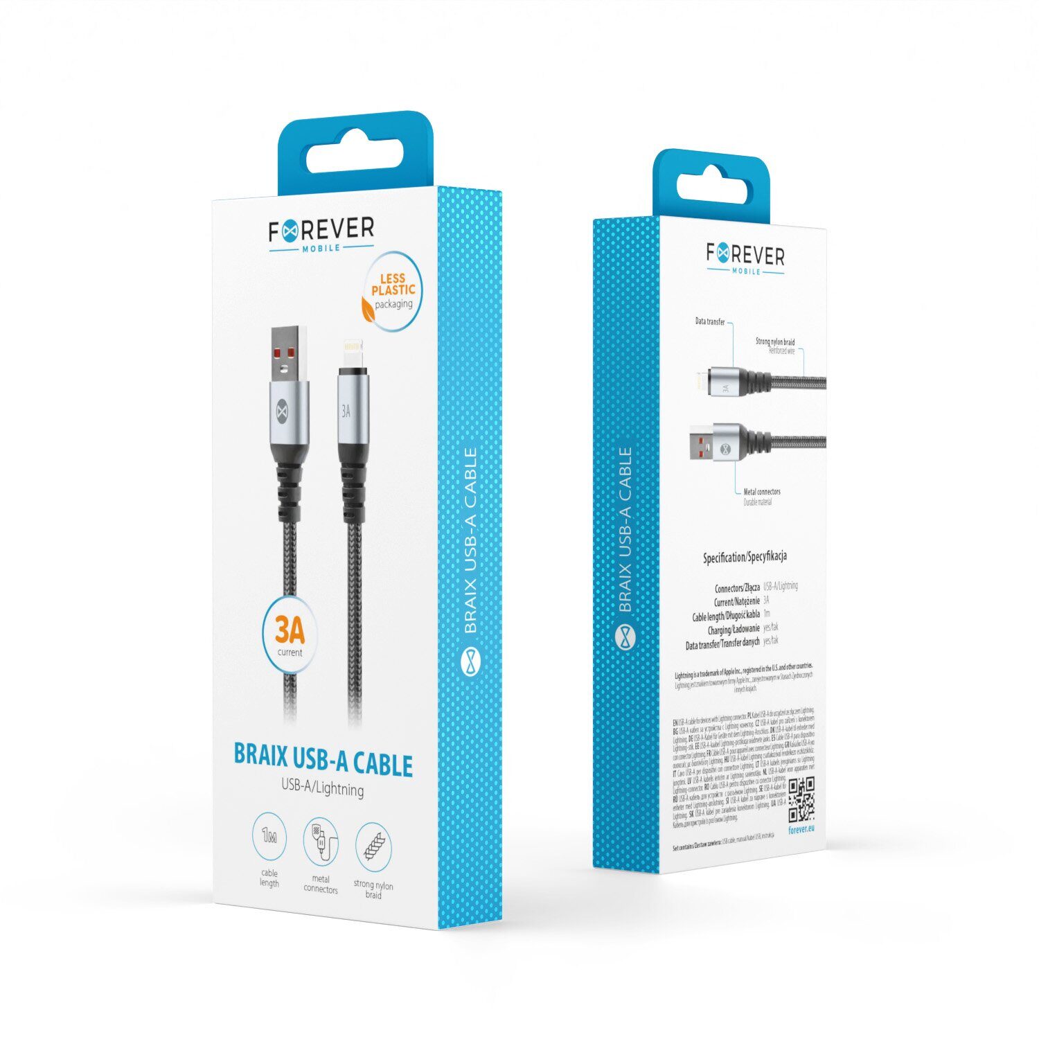 Forever Braix cable USB - Lightning 1,0 m 3A black - imagine 2