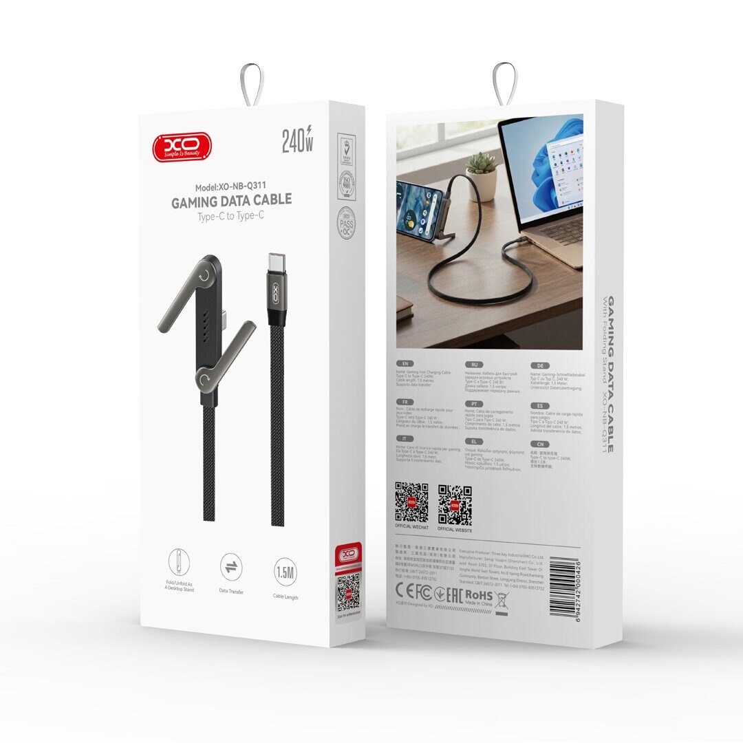 XO cable NB-Q311 PD USB-C - USB-C 1,5m 240W black flat with stand - imagine 3