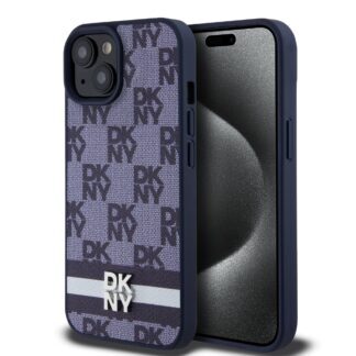 DKNY PU Leather Checkered Pattern and Stripe Case for iPhone 15 Blue