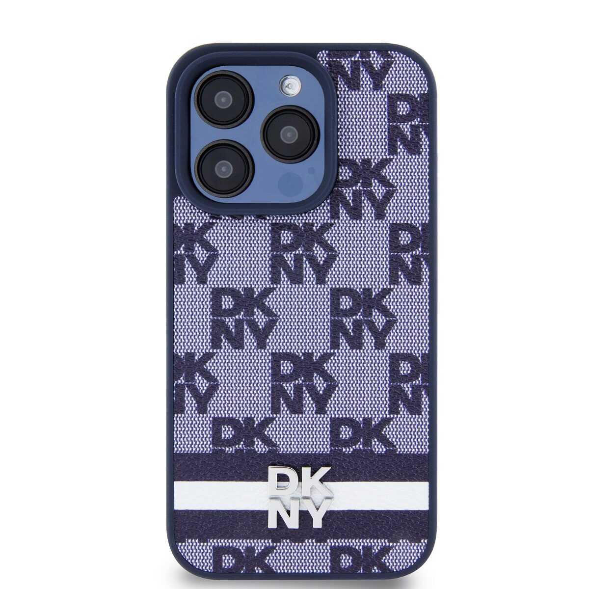 DKNY PU Leather Checkered Pattern and Stripe Case for iPhone 15 Pro Blue - imagine 2