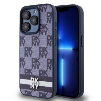 DKNY PU Leather Checkered Pattern and Stripe Case for iPhone 15 Pro Blue