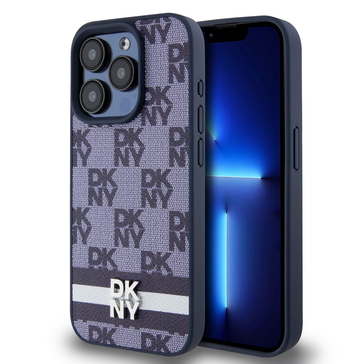 DKNY PU Leather Checkered Pattern and Stripe Case for iPhone 15 Pro Blue