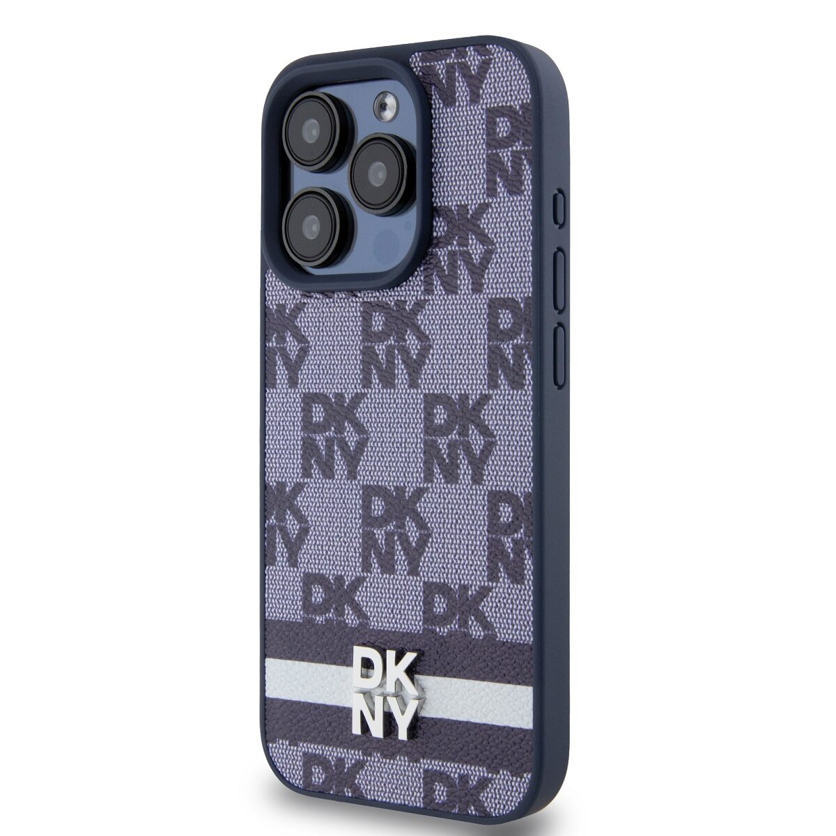 DKNY PU Leather Checkered Pattern and Stripe Case for iPhone 15 Pro Blue - imagine 3