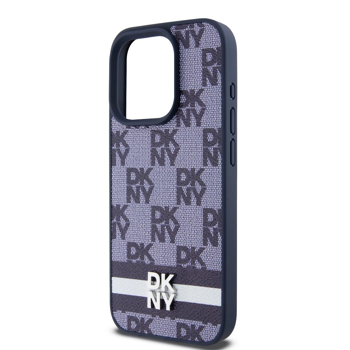 DKNY PU Leather Checkered Pattern and Stripe Case for iPhone 15 Pro Blue - imagine 4