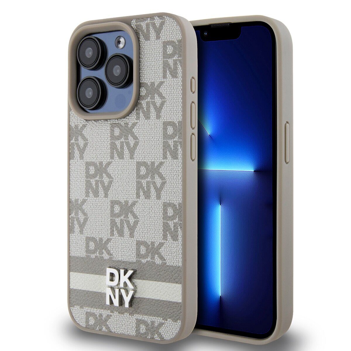 DKNY PU Leather Checkered Pattern and Stripe Case for iPhone 14 Pro Max Beige
