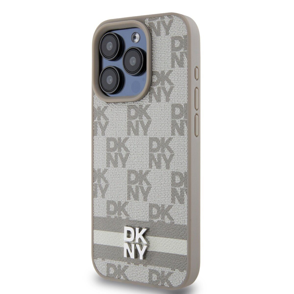 DKNY PU Leather Checkered Pattern and Stripe Case for iPhone 14 Pro Max Beige - imagine 3