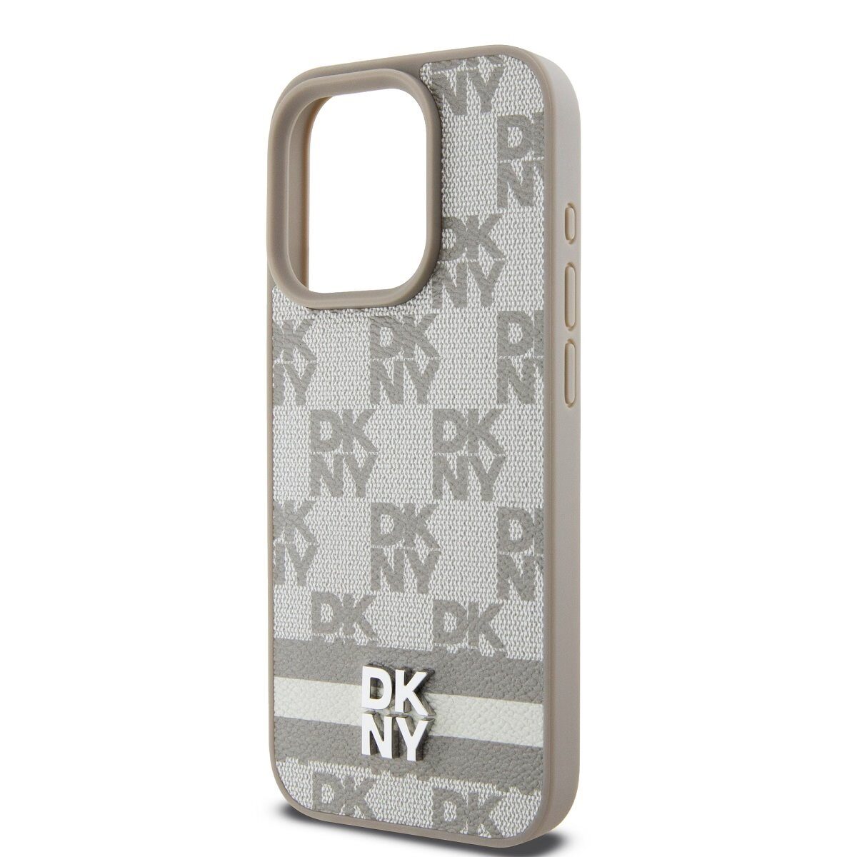 DKNY PU Leather Checkered Pattern and Stripe Case for iPhone 14 Pro Max Beige - imagine 4