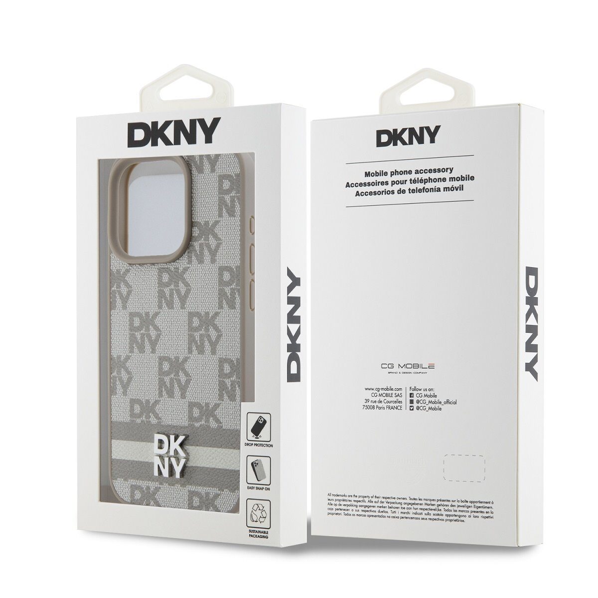 DKNY PU Leather Checkered Pattern and Stripe Case for iPhone 14 Pro Max Beige - imagine 6