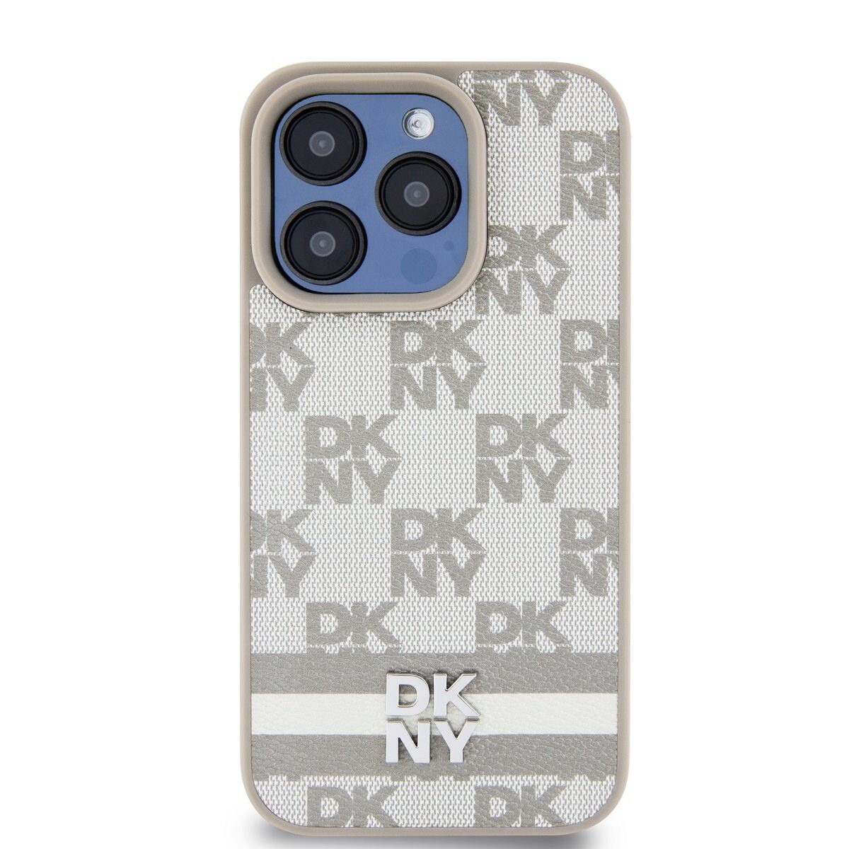 DKNY PU Leather Checkered Pattern and Stripe Case for iPhone 15 Pro Max Beige - imagine 2