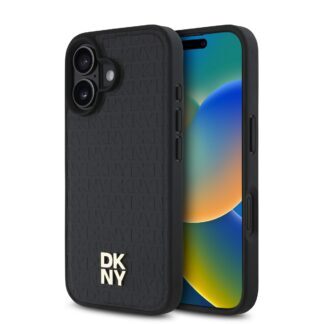 DKNY PU Leather Repeat Pattern Stack Logo MagSafe Case for iPhone 16 Plus Black