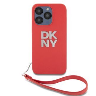 DKNY PU Leather Stack Logo Wrist Strap Case for iPhone 15 Pro Max Red