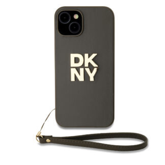DKNY PU Leather Stack Logo Wrist Strap Case for iPhone 13 Brown