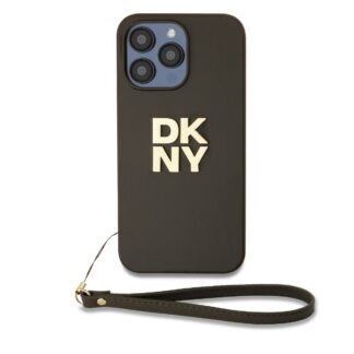 DKNY PU Leather Stack Logo Wrist Strap Case for iPhone 15 Pro Brown