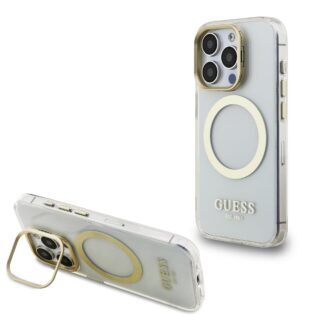 Guess IML Gold Outline Stand Camera Frame MagSafe Case for iPhone 15 Pro Transparent