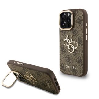 Guess PU 4G Metal Logo Stand Camera Frame Case for iPhone 15 Pro Brown