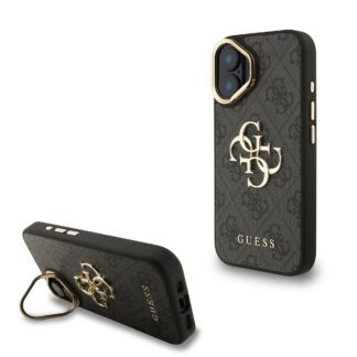 Guess PU 4G Metal Logo Stand Camera Frame Case for iPhone 16 Black