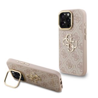 Guess PU 4G Metal Logo Stand Camera Frame Case for iPhone 15 Pro Max Pink
