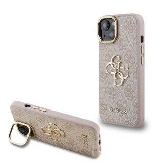 Guess PU 4G Metal Logo Stand Camera Frame Case for iPhone 15 Pink