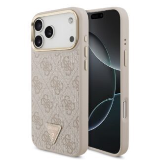 Guess PU Leather 4G Strass Triangle Logo Gold Frame MagSafe Case for iPhone 18 Pro Max Pink
